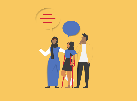 Illustration of a group of three people with speech bubbles