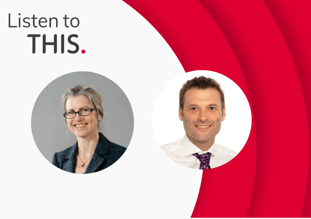 Listen to THIS logo in top left corner. A white background with red semi circles. Headshots of Tara Lamont and Graham Martin