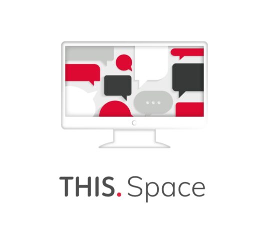 A computer monitor covered with red, white, grey speech bubbles in various shapes. There is a THIS Space logo underneath the monitor