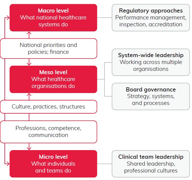 Flowchart showing macro, meso, and micro levels of the heathcare system interacting