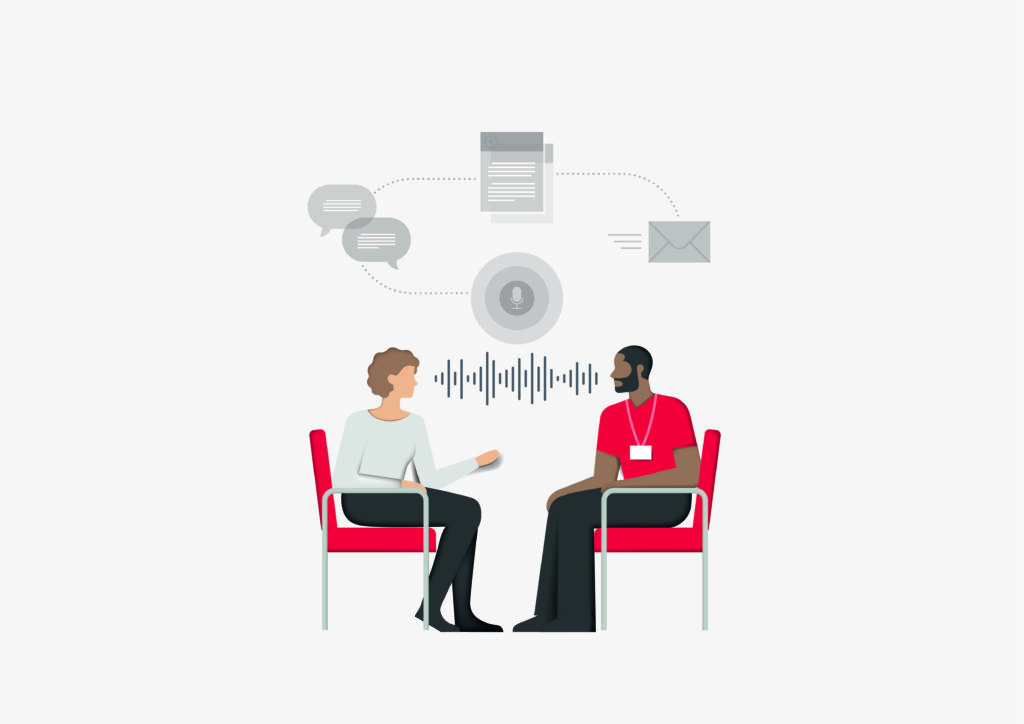Scenario depicting use of technology in healthcare with two people talking and various tech images surrounding them