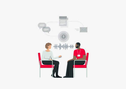 Scenario depicting use of technology in healthcare with two people talking and various tech images surrounding them