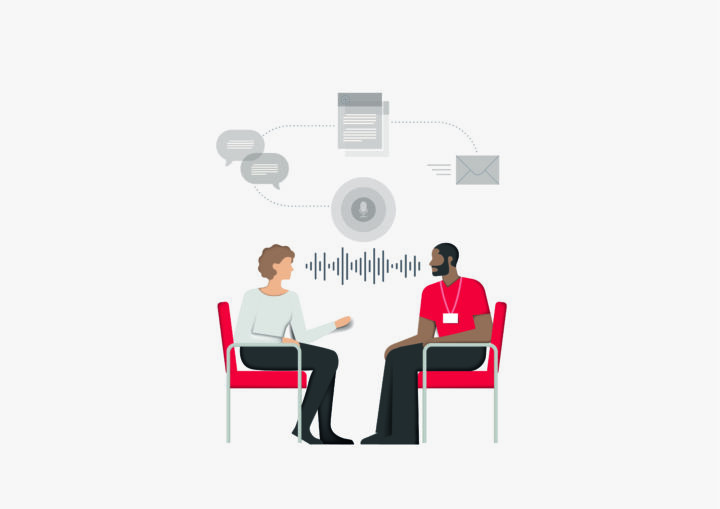 Scenario depicting use of technology in healthcare with two people talking and various tech images surrounding them