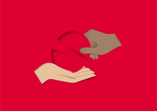 Illustration of two hands exchanging pieces of a red circle, symbolising collaboration and partnership.